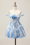 Bianco Blu Fiore A-Line Cold Spalla Stampato Beaded Abiti Da Cocktail