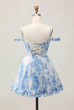Bianco Blu Fiore A-Line Cold Spalla Stampato Beaded Abiti Da Cocktail