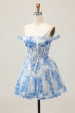 Bianco Blu Fiore A-Line Cold Spalla Stampato Beaded Abiti Da Cocktail
