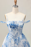 Bianco Blu Fiore A-Line Cold Spalla Stampato Beaded Abiti Da Cocktail