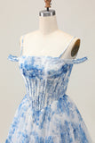 Bianco Blu Fiore A-Line Cold Spalla Stampato Beaded Abiti Da Cocktail