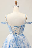 Bianco Blu Fiore A-Line Cold Spalla Stampato Beaded Abiti Da Cocktail