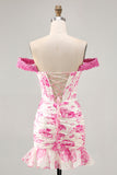 Off the spalla arruffato bianco fucsia fiore corsetto abito corto ritorno a casa
