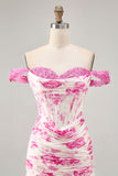 Off the spalla arruffato bianco fucsia fiore corsetto abito corto ritorno a casa