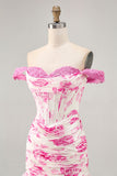 Off the spalla arruffato bianco fucsia fiore corsetto abito corto ritorno a casa