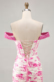 Off the spalla arruffato bianco fucsia fiore corsetto abito corto ritorno a casa