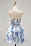 Bianco Blu Fiore Tiered Beaded A Line Stampato Abiti Da Cocktail