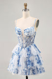 Bianco Blu Fiore Tiered Beaded A Line Stampato Abiti Da Cocktail