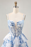 Bianco Blu Fiore Tiered Beaded A Line Stampato Abiti Da Cocktail