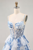 Bianco Blu Fiore Tiered Beaded A Line Stampato Abiti Da Cocktail