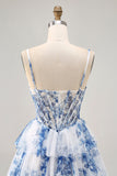 Bianco Blu Fiore Tiered Beaded A Line Stampato Abiti Da Cocktail