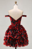 Off The Shoulder Beaded Nero Rosso A Line Ruffled Abiti Da Cocktail