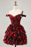 Off The Shoulder Beaded Nero Rosso A Line Ruffled Abiti Da Cocktail