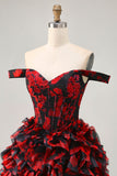 Off The Shoulder Beaded Nero Rosso A Line Ruffled Abiti Da Cocktail