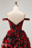 Off The Shoulder Beaded Nero Rosso A Line Ruffled Abiti Da Cocktail
