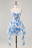 Bianco Fucsia Fiore Halter Tiered Stampato Abiti Da Cocktail