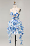 Bianco Fucsia Fiore Halter Tiered Stampato Abiti Da Cocktail