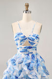 Bianco Fucsia Fiore Halter Tiered Stampato Abiti Da Cocktail