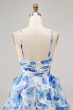 Bianco Fucsia Fiore Halter Tiered Stampato Abiti Da Cocktail