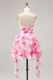 Bianco Fucsia Fiore Halter Tiered Stampato Abiti Da Cocktail