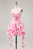Bianco Fucsia Fiore Halter Tiered Stampato Abiti Da Cocktail