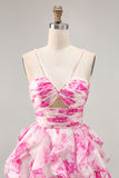Bianco Fucsia Fiore Halter Tiered Stampato Abiti Da Cocktail
