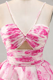Bianco Fucsia Fiore Halter Tiered Stampato Abiti Da Cocktail