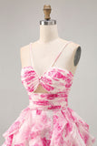 Bianco Fucsia Fiore Halter Tiered Stampato Abiti Da Cocktail