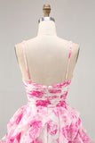Bianco Fucsia Fiore Halter Tiered Stampato Abiti Da Cocktail