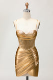 Metallic Satin increspato dorato Bodycon corsetto Abiti Da Cocktail con perline