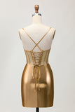Metallic Satin increspato dorato Bodycon corsetto Abiti Da Cocktail con perline
