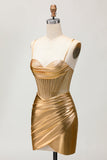 Metallic Satin increspato dorato Bodycon corsetto Abiti Da Cocktail con perline