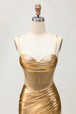 Metallic Satin increspato dorato Bodycon corsetto Abiti Da Cocktail con perline