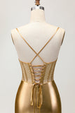 Metallic Satin increspato dorato Bodycon corsetto Abiti Da Cocktail con perline