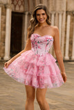 A-Line corsetto senza spalline Tiered Pink Flower Abiti Da Cocktail