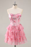A-Line corsetto senza spalline Tiered Pink Flower Abiti Da Cocktail