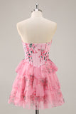 A-Line corsetto senza spalline Tiered Pink Flower Abiti Da Cocktail
