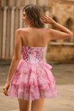 A-Line corsetto senza spalline Tiered Pink Flower Abiti Da Cocktail