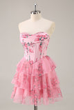 A-Line corsetto senza spalline Tiered Pink Flower Abiti Da Cocktail