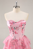 A-Line corsetto senza spalline Tiered Pink Flower Abiti Da Cocktail
