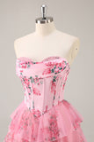 A-Line corsetto senza spalline Tiered Pink Flower Abiti Da Cocktail