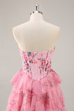 A-Line corsetto senza spalline Tiered Pink Flower Abiti Da Cocktail