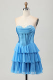 Blu Tiered Corsetto A Line senza spalline Abito corto Abito da Cocktail