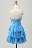 Fucsia corsetto senza spalline Tiered A Line Abito da cerimonia corto