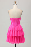 Fucsia corsetto senza spalline Tiered A Line Abito da cerimonia corto