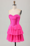 Fucsia corsetto senza spalline Tiered A Line Abito da cerimonia corto