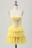 Fucsia corsetto senza spalline Tiered A Line Abito da cerimonia corto
