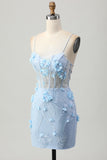 Blu Aderente Corsetto Paillettes Abito corto da Cocktail con fiori 3D