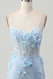 Blu Aderente Corsetto Paillettes Abito corto da Cocktail con fiori 3D