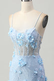 Blu Aderente Corsetto Paillettes Abito corto da Cocktail con fiori 3D